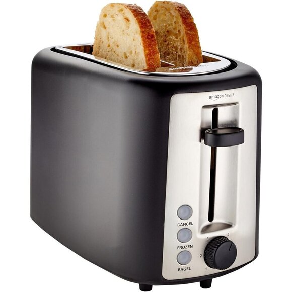 Amazon Basic 2 Slice Extra Wide Slot Toaster Black & Silver Removable Crumb Tray - Picture 1 of 6